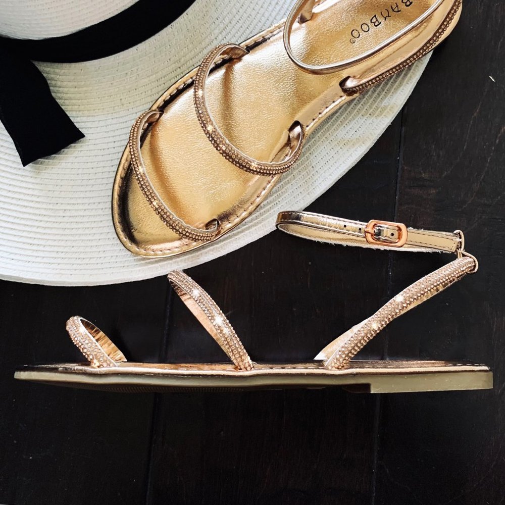 NEW🔥 Rose Gold Diamante Rhinestone Flat Gladiator Sandals Ankle Strap Open Toe - Picture 5 of 6